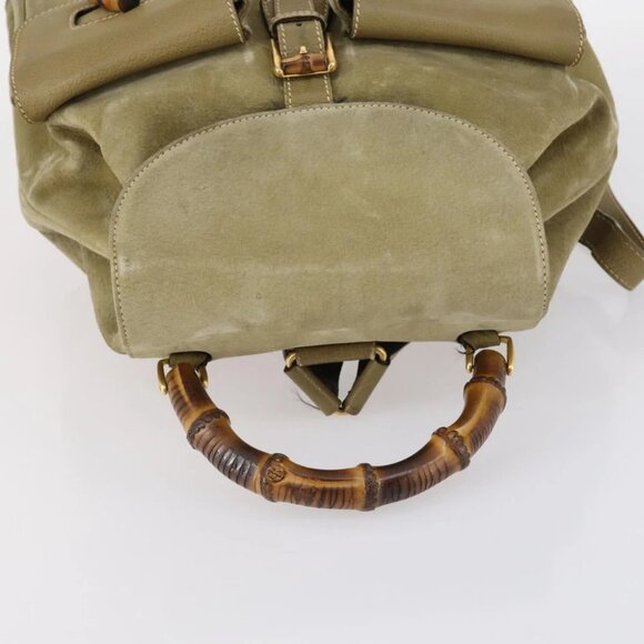GUCCI Bamboo Backpack Suede Khaki Gold - Picture 8 of 15